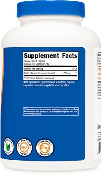 Nutricost GABA (Gamma Aminobutyric Acid) 750mg, 240 Capsules, 240 Servings - Non-GMO, Gluten Free