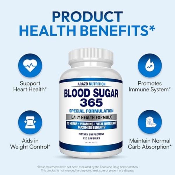 Arazo Nutrition Blood Sugar 365 Supplement – Supports Healthy Energy Levels - 120 Herbal Pills - 60 Day Supply