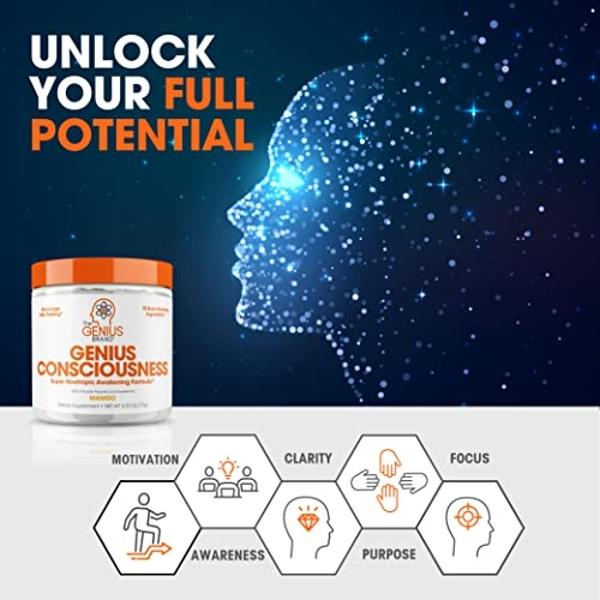 Genius Consciousness, Super Nootropic Brain Supplement Powder, Mango - Boost Focus, Cognitive Function, Concentration & Memory Booster - Alpha GPC & Lions Mane Mushroom for Neuro E