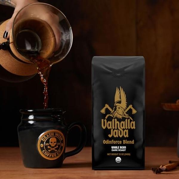 Death Wish Coffee, Valhalla Java Odinforce Blend - Whole Bean Dark Roast - Extra Kick of Caffeine - Arabica & Robusta Coffee Beans - 12 Ounce (Pack of 1)