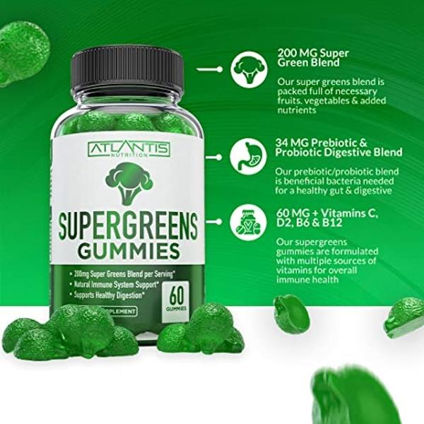 Supergreens Gummies 2-Pack Daily Green Supplement w/Spinach, Broccoli, Moringa, Beet Root, Celery, Green Tea, & Acai for Immunity Support - W/Natural Raspberry Flavor - Contains 12