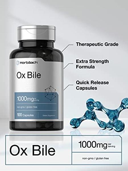 Horbäach Ox Bile Supplement | 1000mg | 100 Capsules | Digestive Enzymes Supplement | Non-GMO & Gluten Free