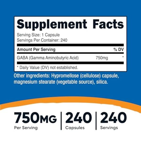 Nutricost GABA (Gamma Aminobutyric Acid) 750mg, 240 Capsules, 240 Servings - Non-GMO, Gluten Free