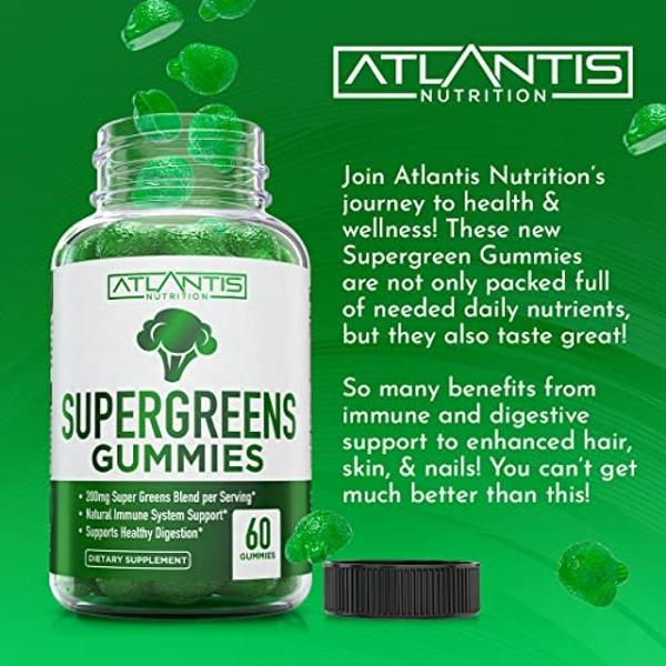 Supergreens Gummies 2-Pack Daily Green Supplement w/Spinach, Broccoli, Moringa, Beet Root, Celery, Green Tea, & Acai for Immunity Support - W/Natural Raspberry Flavor - Contains 12