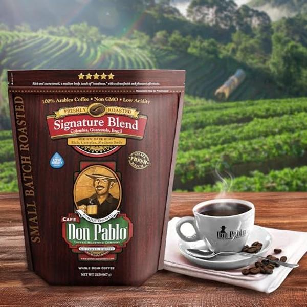 2LB Don Pablo Gourmet Coffee - Signature Blend - Medium Dark Roast - Whole Bean Coffee - 100% Arabica Beans - Low Acidity and Non-GMO - 2lb bag