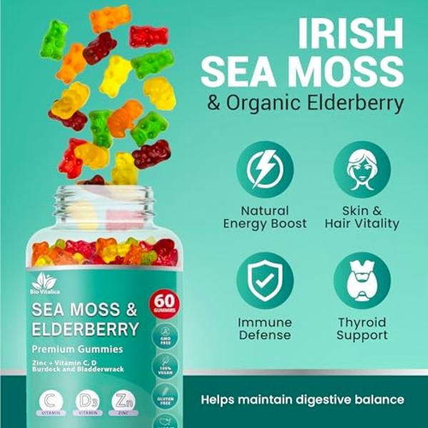 BIO VITALICA Sea Moss Gummies Elderberry BioVitalica - Vitamin C D + Zinc - Irish Seamoss Vegan Gummy with Sea Moss Gel & Powder for Immunity, Detox - for Adults and Kids (2Packs)