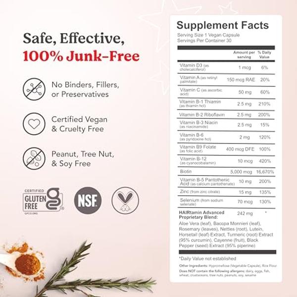 HAIRtamin Advanced Formula Hair Vitamins for Women & Men | Vegan 5000 Mcg Biotin Capsules Vitamin Supplement | Hair Skin and Nail Capsule Supplement to Promote Hair Growth & Thickn