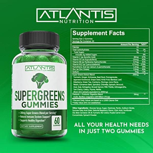 Supergreens Gummies 2-Pack Daily Green Supplement w/Spinach, Broccoli, Moringa, Beet Root, Celery, Green Tea, & Acai for Immunity Support - W/Natural Raspberry Flavor - Contains 12
