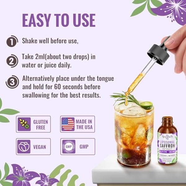 Saffron Supplements - 88.5 mg Saffron Extract Better Bioavailability Liposomal Drops for Mood, Energy, Vision & Focus with Ashwagandha, Turmeric, Magnesium, Zinc, Vitamin B12 & D3,