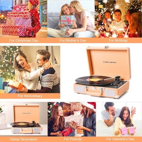 Vinyl Record Player with Built-in Speaker, USB Recording, Bluetooth Vintage Portable Suitcase Turntables for Vinyl, 3 Speed Belt-Drive Retro LP Player Support AUX/RCA/Headphone Jac