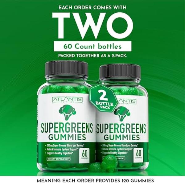 Supergreens Gummies 2-Pack Daily Green Supplement w/Spinach, Broccoli, Moringa, Beet Root, Celery, Green Tea, & Acai for Immunity Support - W/Natural Raspberry Flavor - Contains 12