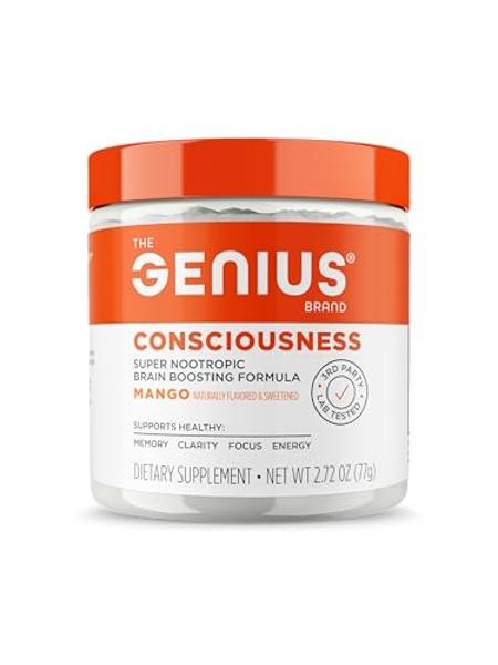 Genius Consciousness, Super Nootropic Brain Supplement Powder, Mango - Boost Focus, Cognitive Function, Concentration & Memory Booster - Alpha GPC & Lions Mane Mushroom for Neuro E