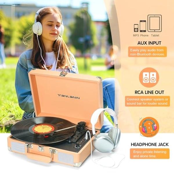 Vinyl Record Player with Built-in Speaker, USB Recording, Bluetooth Vintage Portable Suitcase Turntables for Vinyl, 3 Speed Belt-Drive Retro LP Player Support AUX/RCA/Headphone Jac