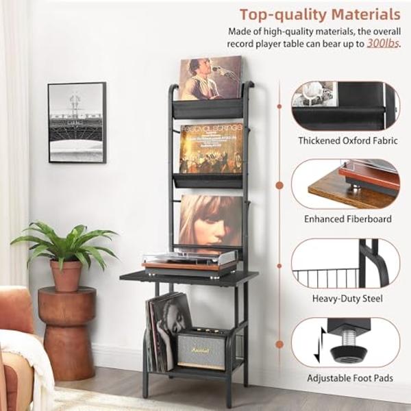 Record Player Stand with Vinyl Storage for up to 200 Albums, Turntable Stand with Record Holder Display Shelf