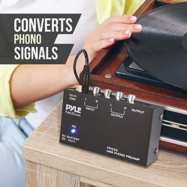 Pyle Phono Turntable Preamp - Mini Stereo Preamplifier with 9V Battery - 12V DC Power Adapter - RCA Input/Output - Low Noise - Ideal for Phonograph and Vinyl - PP555