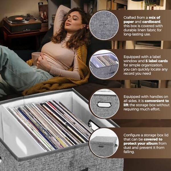 Sturdy Vinyl Record Storage Box - Album Storage Holds up 50+ Single Record, LP Storage Organizer Crate With Lid, Decorative Moving Box For Records, Solutions to Protect Your Precio