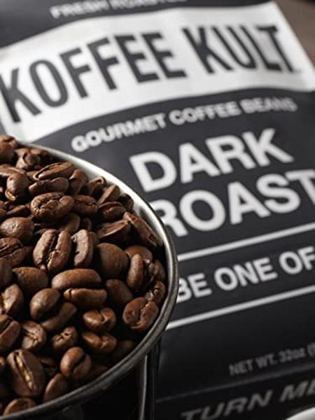 Koffee Kult Dark Roast Whole Bean Coffee, Small Batch 100% Arabica Gourmet Blend, Smooth and Well Balanced, Artisan Roasted in 32oz, Resealable Package.