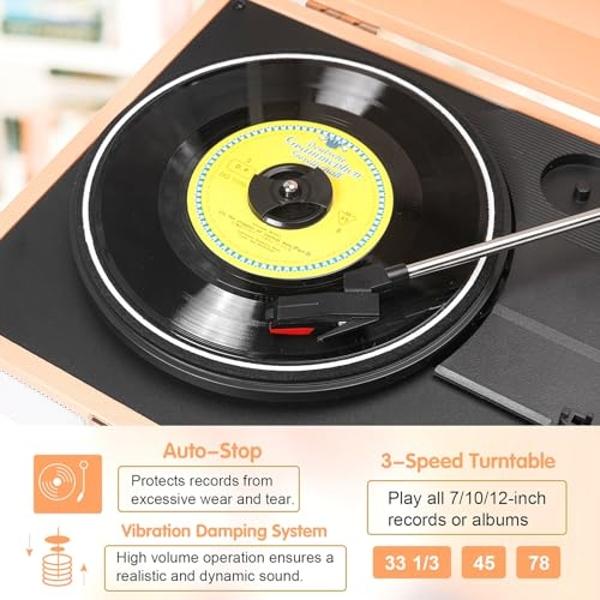 Vinyl Record Player with Built-in Speaker, USB Recording, Bluetooth Vintage Portable Suitcase Turntables for Vinyl, 3 Speed Belt-Drive Retro LP Player Support AUX/RCA/Headphone Jac