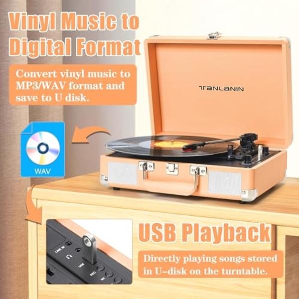 Vinyl Record Player with Built-in Speaker, USB Recording, Bluetooth Vintage Portable Suitcase Turntables for Vinyl, 3 Speed Belt-Drive Retro LP Player Support AUX/RCA/Headphone Jac