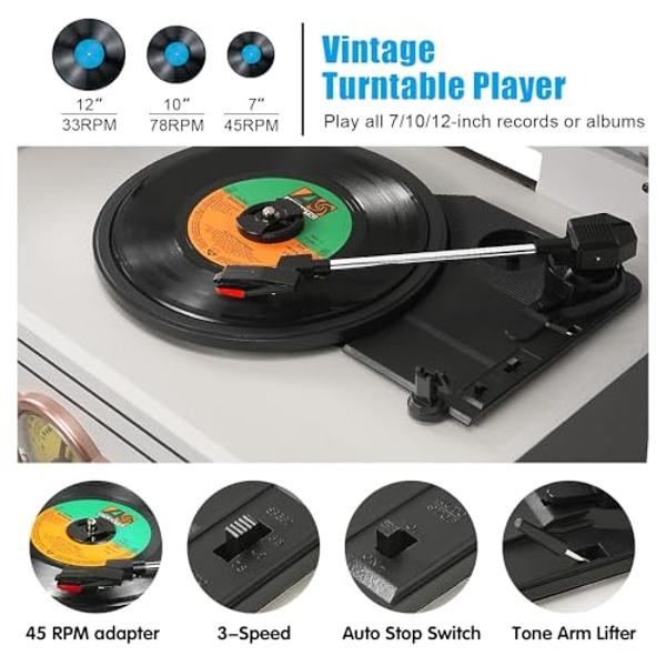 Vinyl Record Player and CD Player Cassette Combo, 10 in 1 Bluetooth Record Player with FM/AM Radio USB/TF Recording & AUX/RCA, Vintage 3-Speed Turntable for Home Decor, Gift Ready