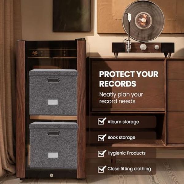 Sturdy Vinyl Record Storage Box - Album Storage Holds up 50+ Single Record, LP Storage Organizer Crate With Lid, Decorative Moving Box For Records, Solutions to Protect Your Precio
