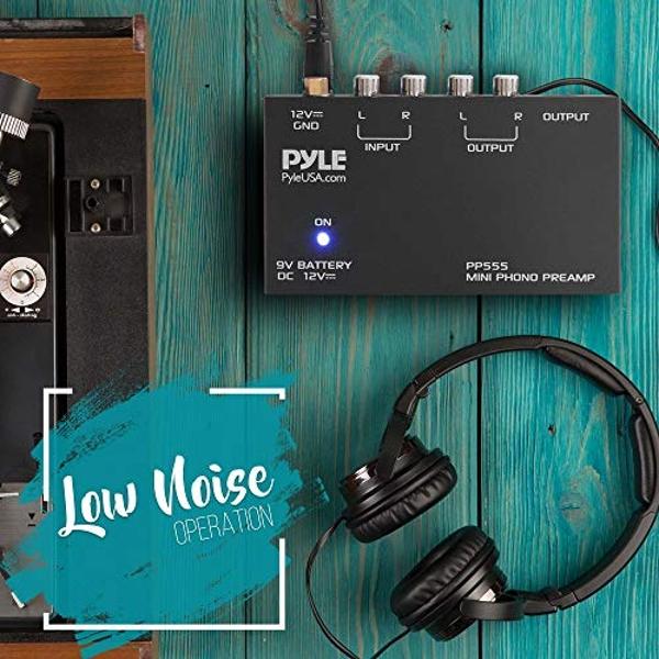 Pyle Phono Turntable Preamp - Mini Stereo Preamplifier with 9V Battery - 12V DC Power Adapter - RCA Input/Output - Low Noise - Ideal for Phonograph and Vinyl - PP555