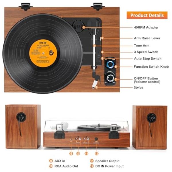 Vinyl Record Player with External Bookshelf Speakers, 33-1/3 45 78 RPM Vintage Bluetooth Stereo Turntable for Vinyl Records,Belt-Driven System,Dust Cover,Auto-Stop, Support AUX-in,