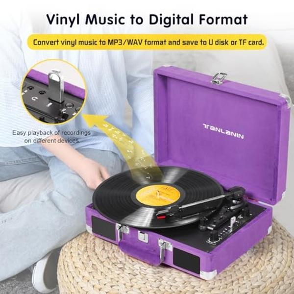 Velvet Vinyl Record Player - 33 45 78 RPM Portable Suitcase Vintage Turntable with USB Recording, Bluetooth, Built-in Speakers, Belt-Driven, Purple