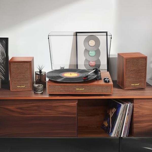 Vinyl Record Player with External Bookshelf Speakers, 33-1/3 45 78 RPM Vintage Bluetooth Stereo Turntable for Vinyl Records,Belt-Driven System,Dust Cover,Auto-Stop, Support AUX-in,