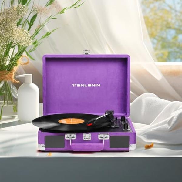 Velvet Vinyl Record Player - 33 45 78 RPM Portable Suitcase Vintage Turntable with USB Recording, Bluetooth, Built-in Speakers, Belt-Driven, Purple
