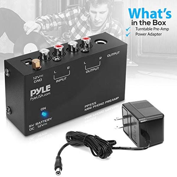 Pyle Phono Turntable Preamp - Mini Stereo Preamplifier with 9V Battery - 12V DC Power Adapter - RCA Input/Output - Low Noise - Ideal for Phonograph and Vinyl - PP555