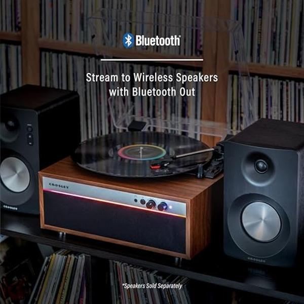 Crosley CR6048A-WA Strobe Bluetooth Vinyl Record Player with Music Sync Color Changing LED Lights, Walnut