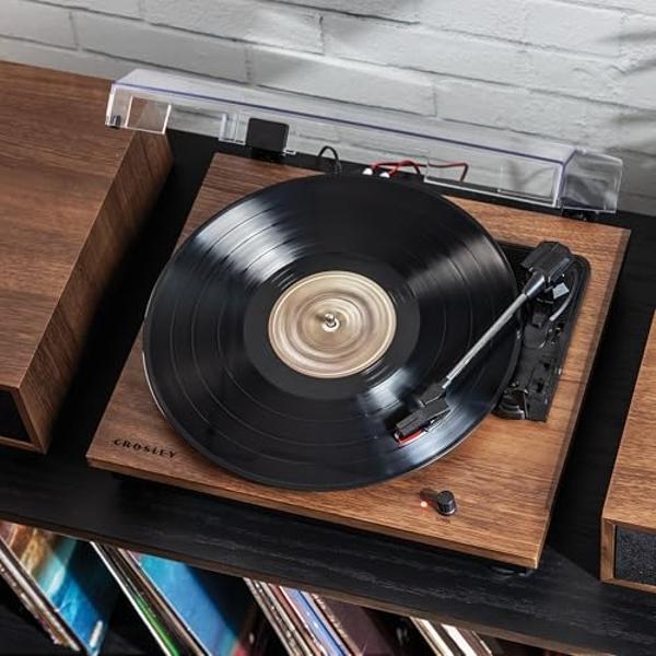 Crosley CR7502A-WA Riff 3-Speed Bluetooth Vinyl Record Player Turntable with Matching Stereo Speakers and 6 Modular Layouts, Walnut