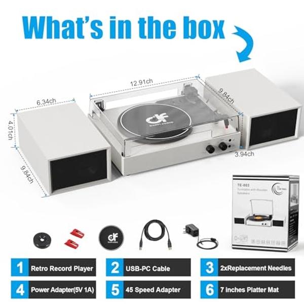 Record Player for Vinyl with External Speakers, Bluetooth 3 Speed Vintage Belt-Driven 33 45 78 RPM Turntable with Stereo Speakers, MP3 PC Recording, RCA Line-Out, AUX-in Headphone 
