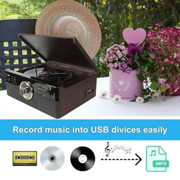 10 in 1 Bluetooth Record Player for Vinyl with Speakers, CD, Cassette Tape, FM Radio, USB Playback and Recording, Vintage Turntable with 3-Speed, Aux-in, Line-Out, Earphone Jack