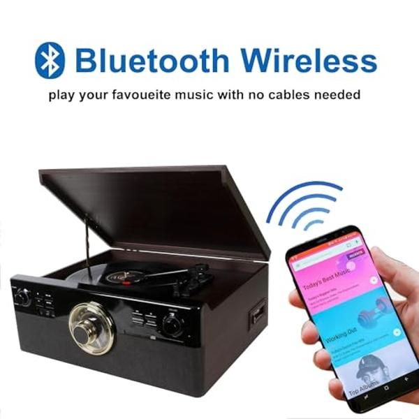 10 in 1 Bluetooth Record Player for Vinyl with Speakers, CD, Cassette Tape, FM Radio, USB Playback and Recording, Vintage Turntable with 3-Speed, Aux-in, Line-Out, Earphone Jack