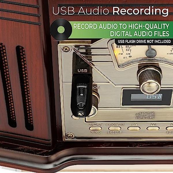 ClearClick All-in-One Turntable with 3-Speed Record Player, Bluetooth, CD, Cassette Tape, AM/FM Radio, Aux, USB, Built-in Speakers, Handmade Wooden Exterior