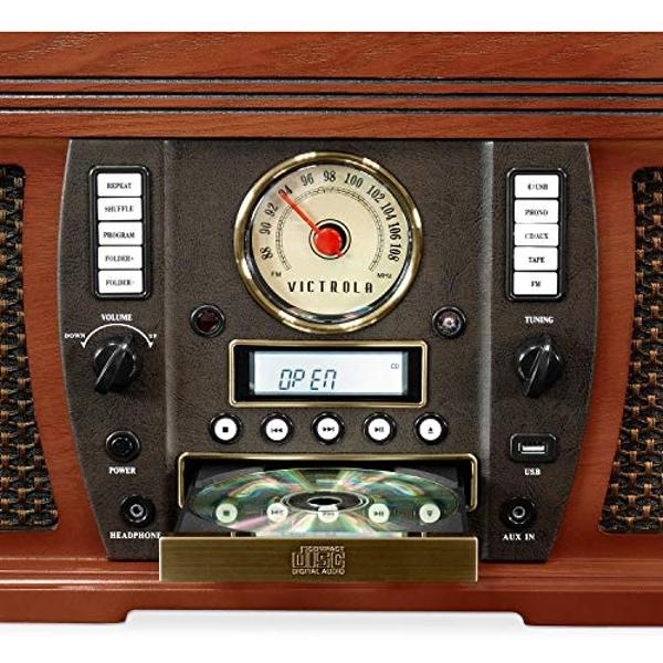 Victrola Aviator 8-in-1 Bluetooth Record Player & Multimedia Center with Built-in Stereo Speakers - 3-Speed Turntable, Vinyl to MP3 Recording, Wireless Music Streaming, Mahogany