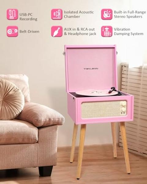 Vintage Standing Pink Vinyl Record Player with Detachable Legs, Built-in 4 Speakers, USB to PC Encoding, 33/45/78 RPM LP Player Bluetooth Retro Turntables Support Headphone Jack, R