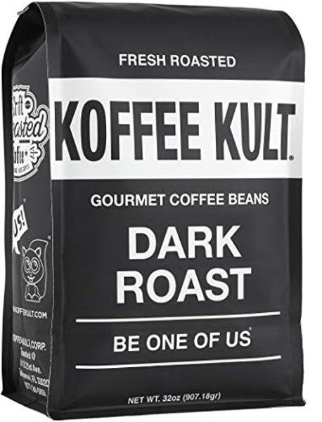Koffee Kult Dark Roast Whole Bean Coffee, Small Batch 100% Arabica Gourmet Blend, Smooth and Well Balanced, Artisan Roasted in 32oz, Resealable Package.