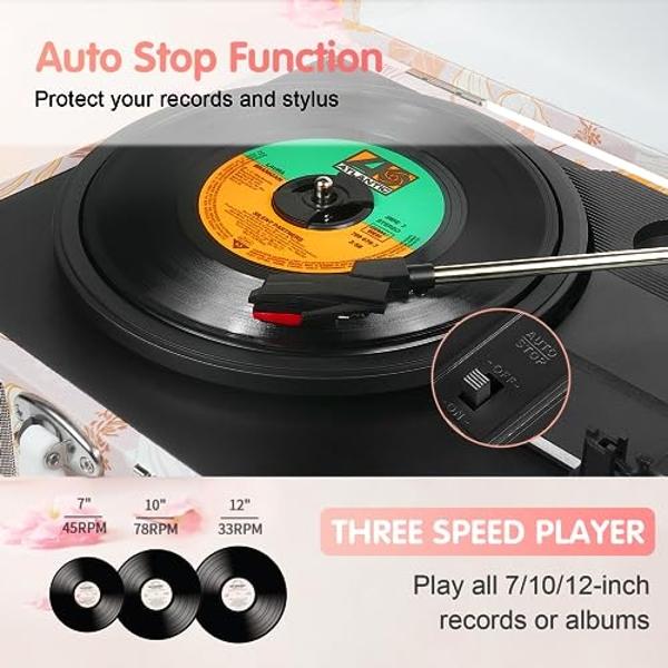 Record Player for Vinyl with External Speakers, Bluetooth 3 Speed Vintage Belt-Driven 33 45 78 RPM Turntable with Stereo Speakers, MP3 PC Recording, RCA Line-Out, AUX-in Headphone 
