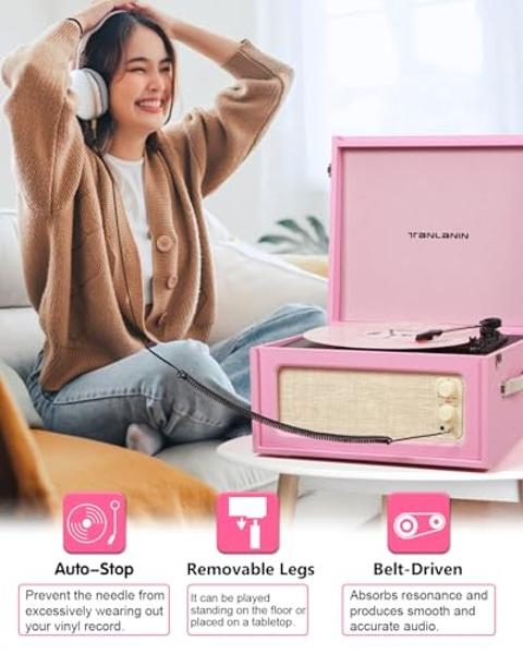 Vintage Standing Pink Vinyl Record Player with Detachable Legs, Built-in 4 Speakers, USB to PC Encoding, 33/45/78 RPM LP Player Bluetooth Retro Turntables Support Headphone Jack, R
