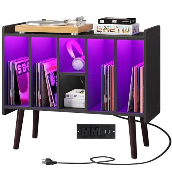 Clikuutory Large Record Player Stand, Vinyl Record Storage Cabinet with Power Outlet & LED Lights Holds Up to 200 Albums, Turntable Stand with Round Wood Legs for Bedroom , Living 