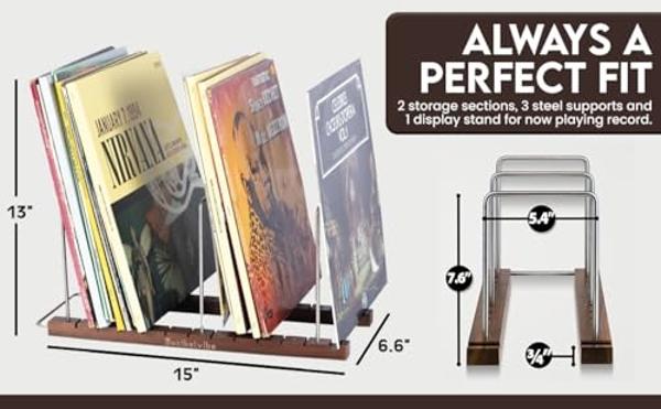 Decibelvibe Vinyl Record Storage and Record Player Stand, Now Playing Display with Stainless Steel and Solid Walnut Wood Premium Design, Up to 75 Vinyl records
