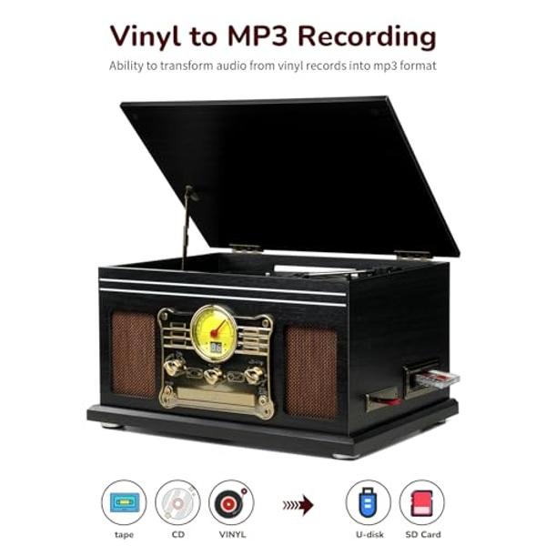 FEKTIK Bluetooth Record Player 10 in 1,FEKTIK 3-Speed Turntable for Vinyl with Speakers, LP to MP3 Converter, CD, Cassette Player, FM Radio, Wireless Streaming | Black