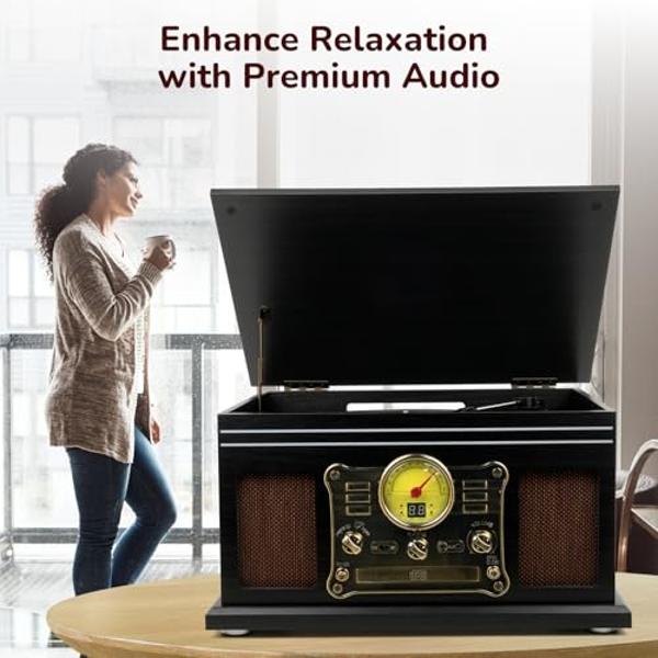 FEKTIK Bluetooth Record Player 10 in 1,FEKTIK 3-Speed Turntable for Vinyl with Speakers, LP to MP3 Converter, CD, Cassette Player, FM Radio, Wireless Streaming | Black