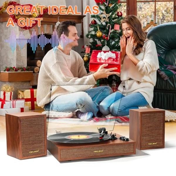 Vinyl Record Player with External Bookshelf Speakers, 33-1/3 45 78 RPM Vintage Bluetooth Stereo Turntable for Vinyl Records,Belt-Driven System,Dust Cover,Auto-Stop, Support AUX-in,