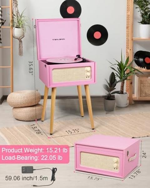Vintage Standing Pink Vinyl Record Player with Detachable Legs, Built-in 4 Speakers, USB to PC Encoding, 33/45/78 RPM LP Player Bluetooth Retro Turntables Support Headphone Jack, R