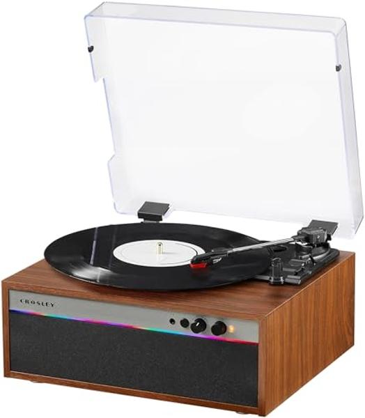 Crosley CR6048A-WA Strobe Bluetooth Vinyl Record Player with Music Sync Color Changing LED Lights, Walnut