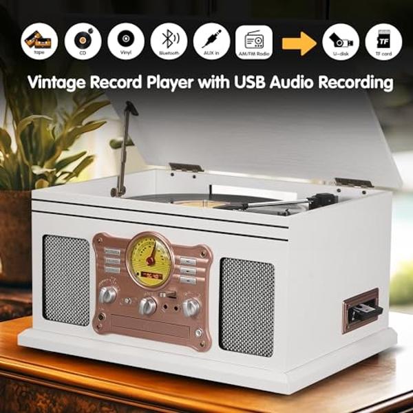 Vinyl Record Player and CD Player Cassette Combo, 10 in 1 Bluetooth Record Player with FM/AM Radio USB/TF Recording & AUX/RCA, Vintage 3-Speed Turntable for Home Decor, Gift Ready